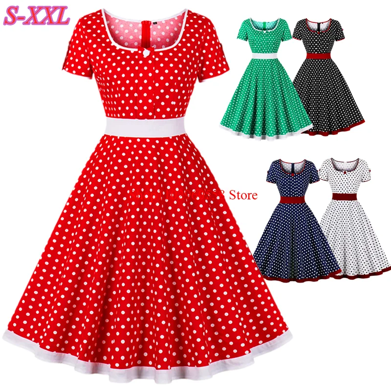 

Red Polka Dot Printed Vintage Costum Dresses Women Summer Robe Retro 50s 60s Swing Rockabilly Party Office Dress Ladies Vestidos