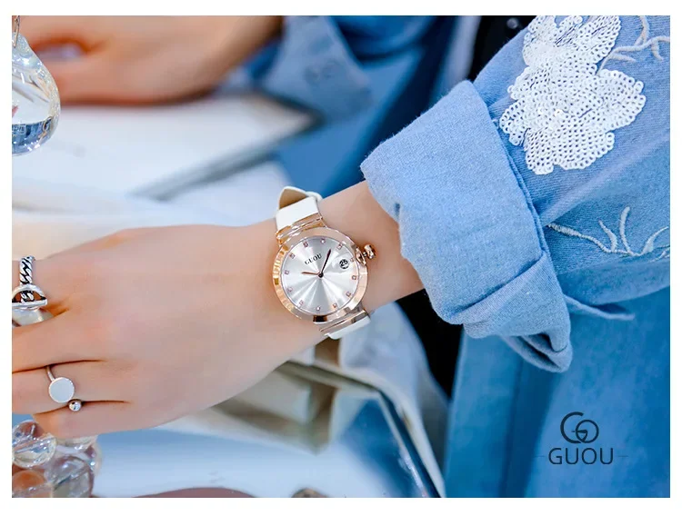 Orologio da polso al quarzo da donna alla moda GUOU con cinturino in vera pelle, diamanti, strass, calendario, lente d'ingrandimento, orologio da donna_voghion.com