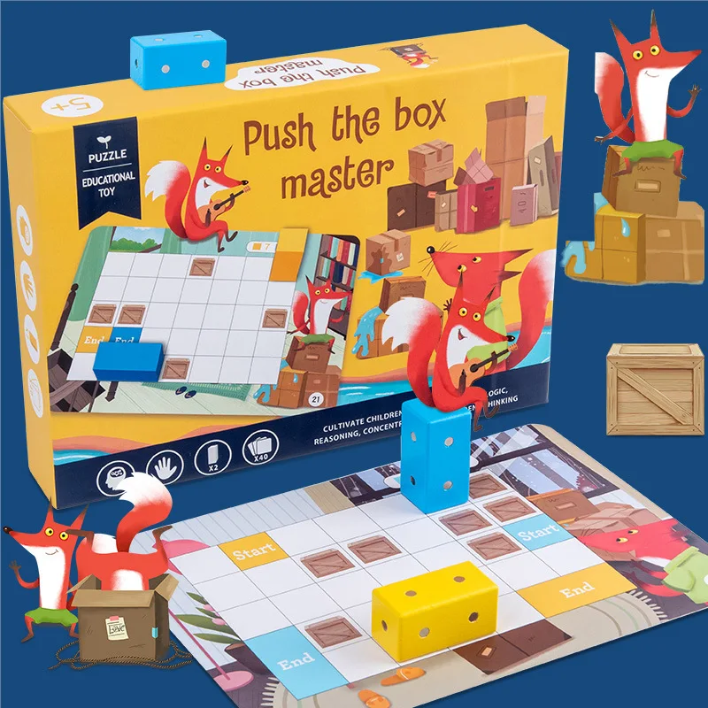 Wooden Fox Pushing Box Children's Early Education Puzzle Thinking Manual Logic Training 3D Stereoscopic Maze Toy Kids Gifts