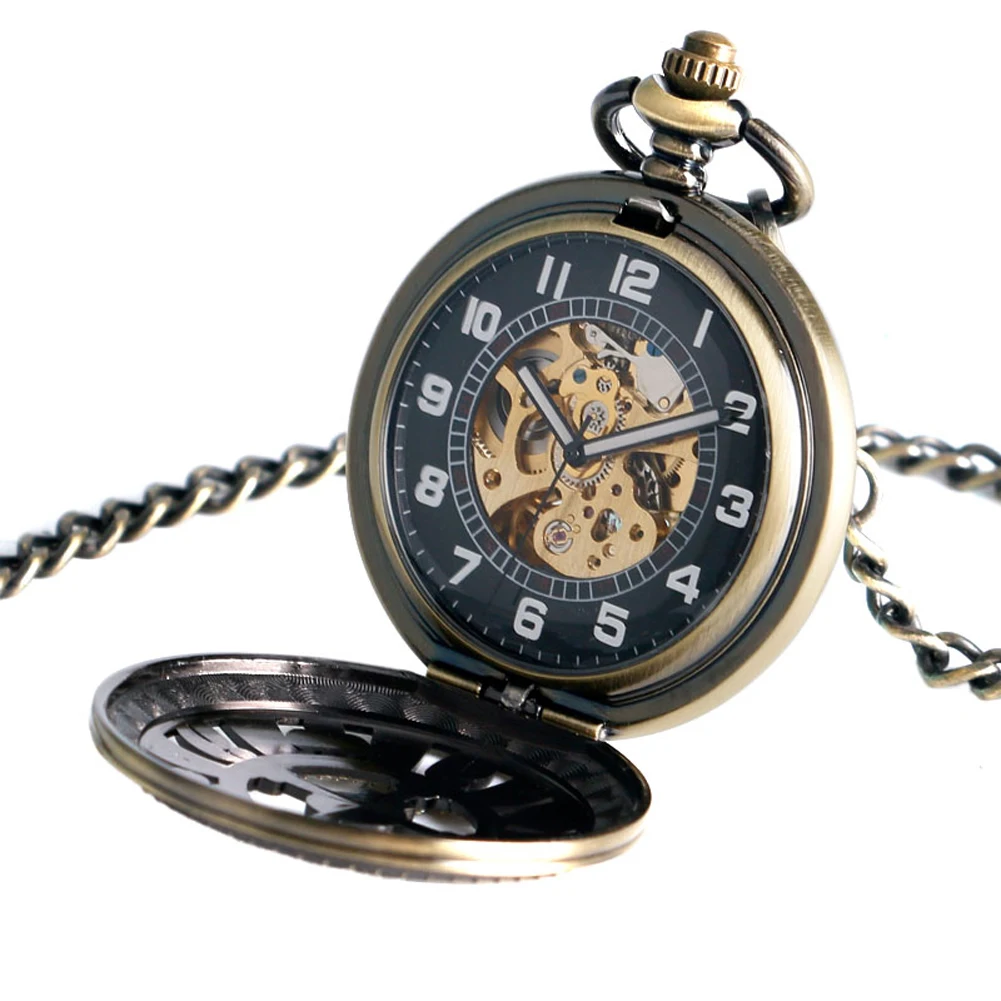 Steampunk Bronze Hollow Poker Sign Men's Automatic Mechanical Pocket Watch Arabic Numerals Dial Luxury Retro Pendan Pocket Clock