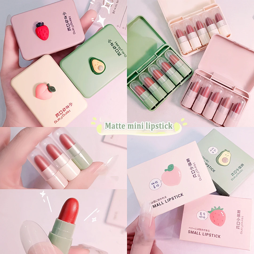 5 KleurenDoos Leuke Mini Capsule Lippenstift Langdurige Non-stick Cup Lip  Tint Lippenstift Pillen Gift Set lipgloss Make-Up Cosmetische