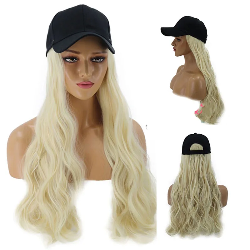 Meetlife Baseball Cap With Long Extension Wig Synthetic Hair Long Wave Hair Travel Beach Baseball Hat Grey Purple leather baseball cap