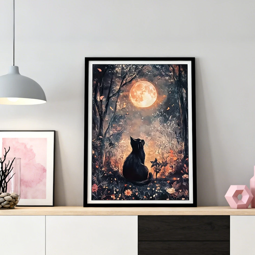 Voorbeeld van het afgewerkte diamond painting in een zwarte lijst op een dressoir (lijst niet inbegrepen)