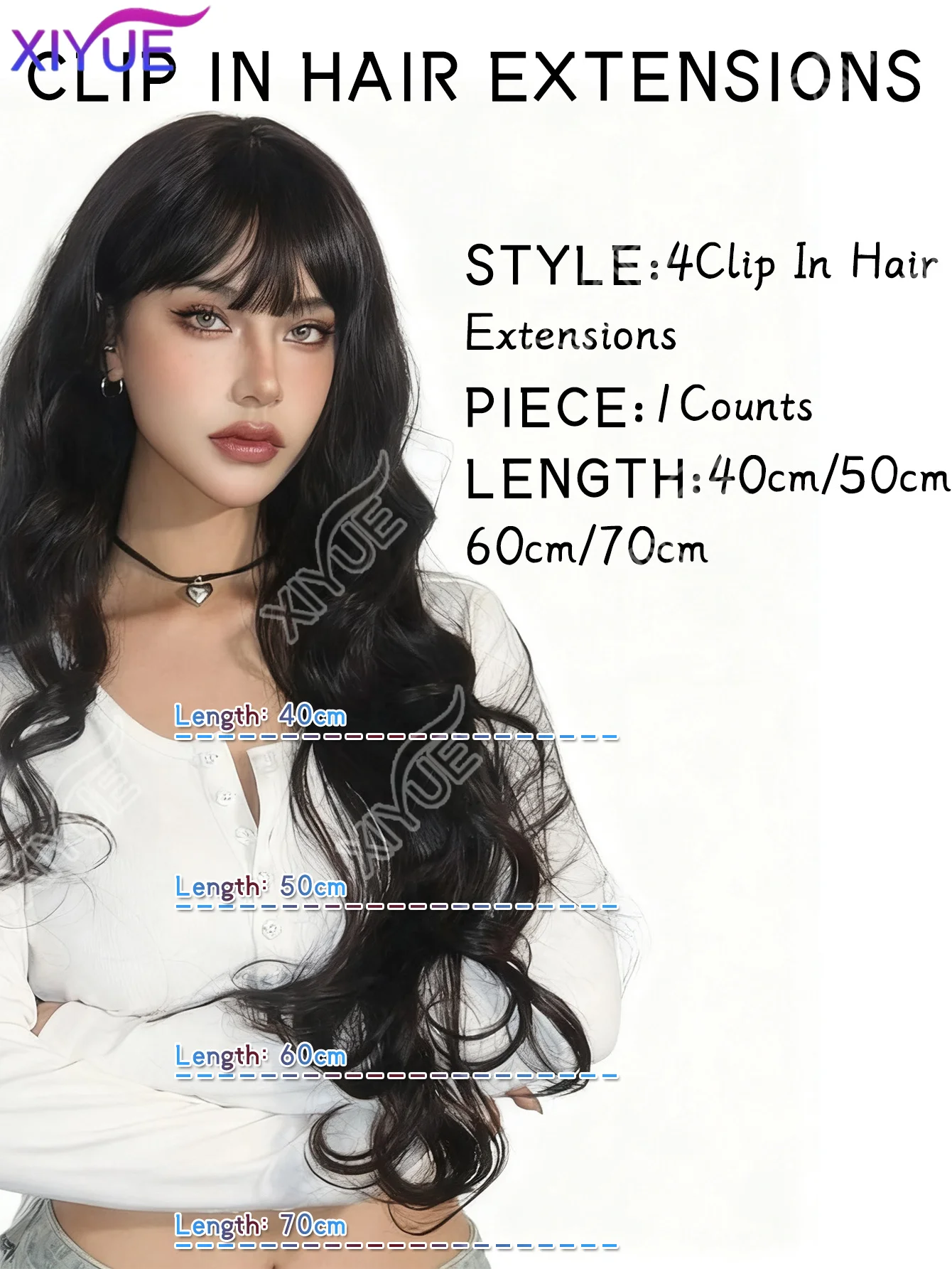 XIYUE 20Inch Synthetic Long Wavy Curly 4 Clip in Hair Extension V-shaped Heat Resistant Black Blonde Hairpiece for Women