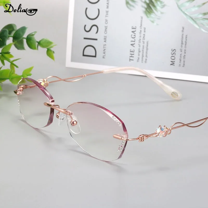 Diamond Cutting Reading Eyeglasses Alloy Rimless Women Pink Gradient Reading Glasses Woman Rhinestone Metal Anti Blue +4.0 2