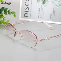 Diamond Cutting Reading Eyeglasses Alloy Rimless Women Pink Gradient Reading Glasses Woman Rhinestone Metal Anti Blue +4.0 2