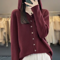 First Line 100% Merino Wool Knitted Cardigan Women's Autumn And Winter Hoodie Loose Sweater Fashionable Versatile Coat Top YC014 - Image 2