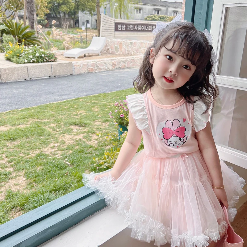 

Kawaii аниме Sanrio My Melody Kuromi летний комплект из газового платья для девочек мультяшная Милая хлопковая Футболка милое платье принцессы комплект из двух предметов