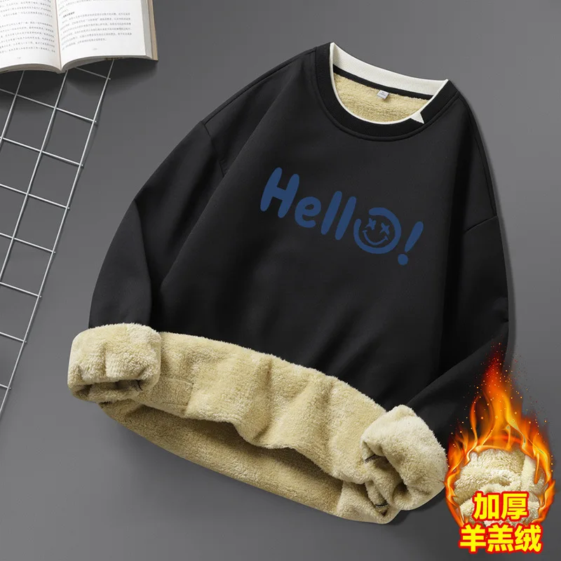 New Youth Lambswool Autumn and Winter New Men's Sweater Casual Teenagers' Long-Sleeved T-shirt round Neck Fleece Padded Coat