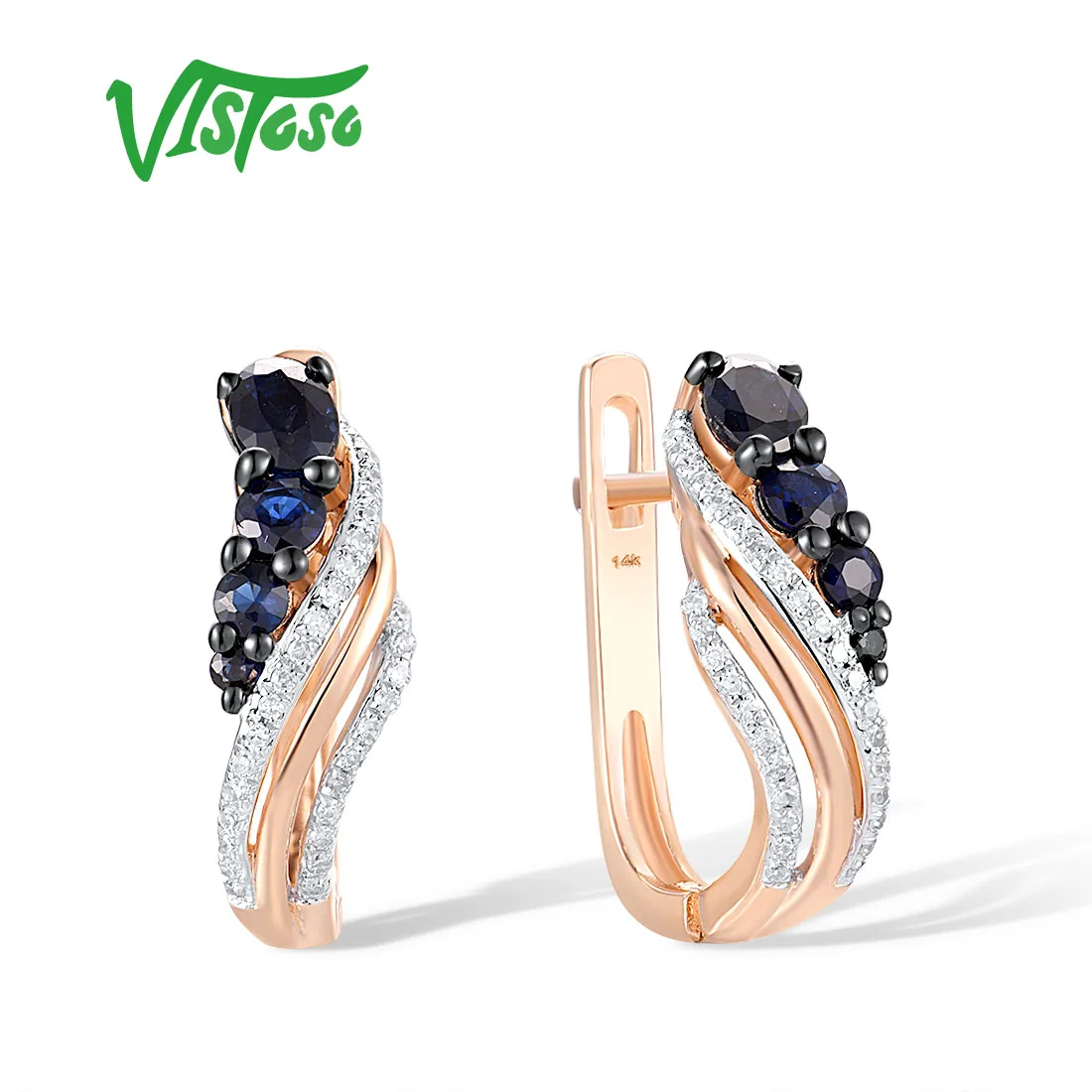 

VISTOSO Authentic 14K 585 Rose Gold Earrings For Women Natural Diamonds Blue Sapphire Latch Back Fine Elegant Handmade Jewelry