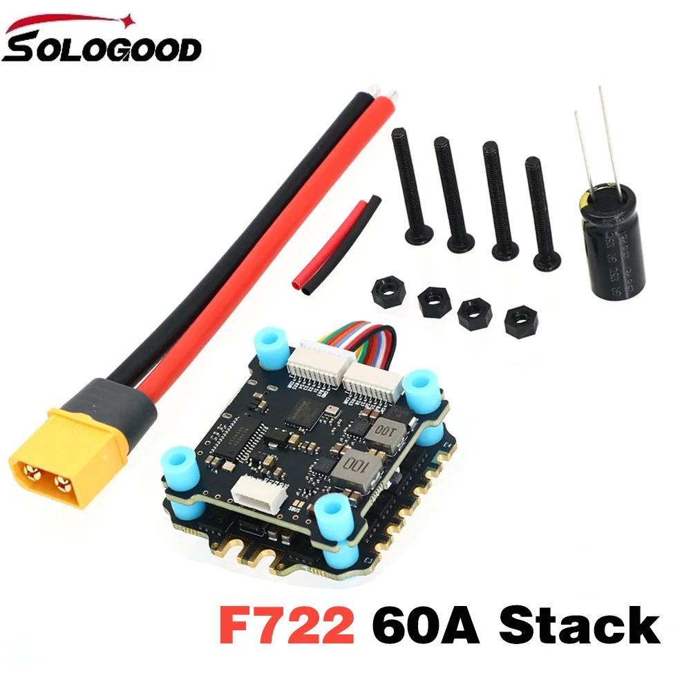 Détail du stack F722 60A Sologood : ports, puces et connecteurs pour ESC 4 en 1.