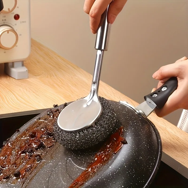 Description Picture 3 of itemSteel Wire Ball Pot Brush Kitchen Pan Dishes Cleaning Brush Long Handle Metal Wool Scourer Strong Decontamination Cleaning Wipe