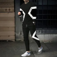 2024 Striped Print Men's 2-Piece Set Casual O-Neck Long Sleeve T-Shirt Drawstring Waist Pants Sweatsuit Men's Tracksuit Outfits 1