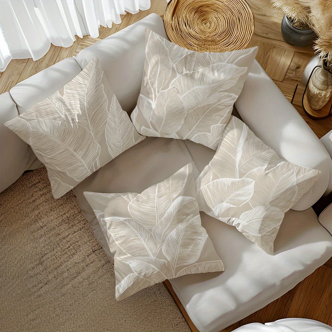 Light Khaki Minimalist Broadleaf Silhouette Pillowcases Single Sided Print Fashion Home Decor Sofa Room Artistic Cushion Covers