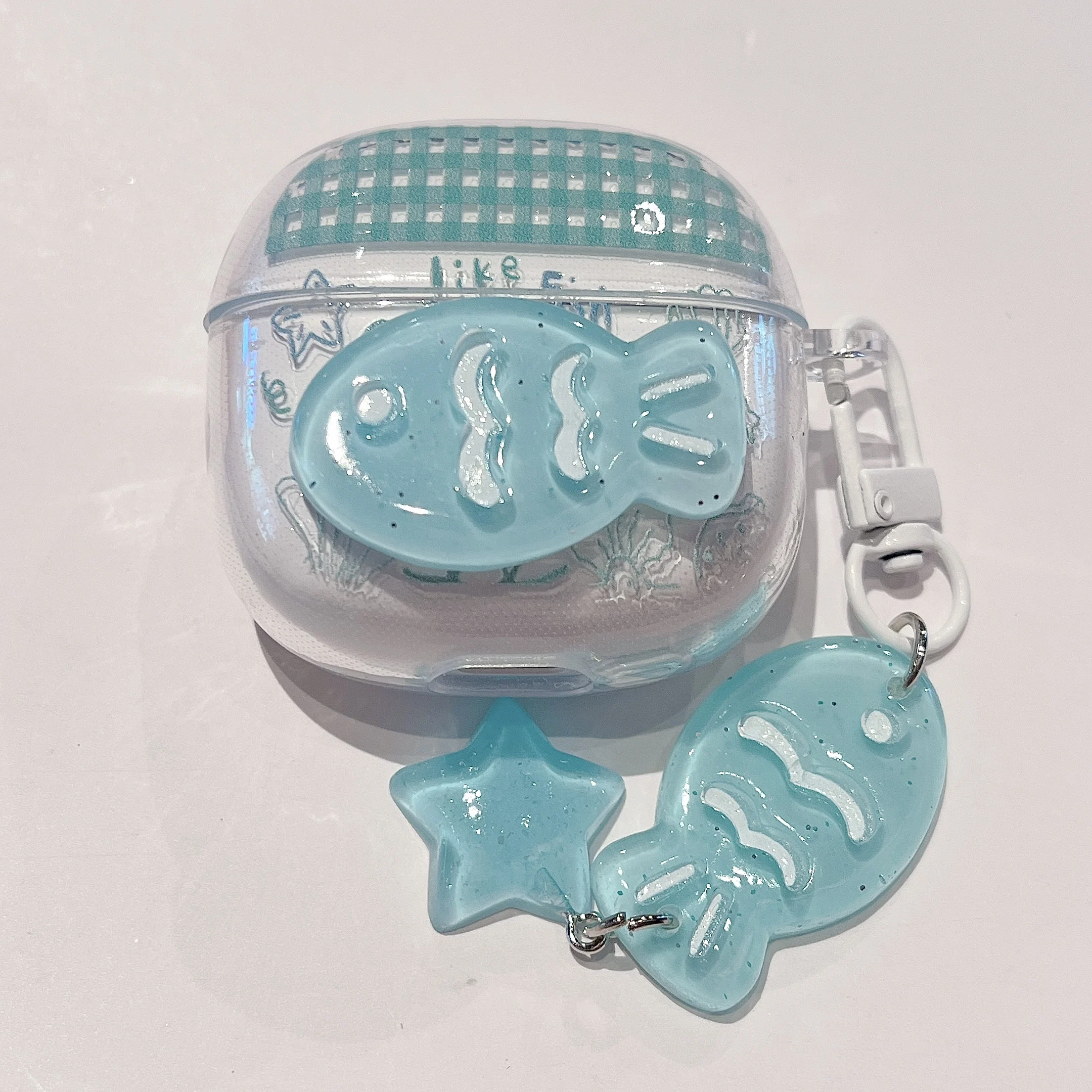 Adorable Clear TPU Earphone Case with Chain Keychain and Cartoon Flower Bear Design