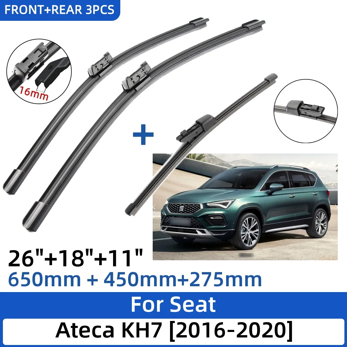 3PCSForSeatAtecaKH720162020261811FrontRearWiperBlades