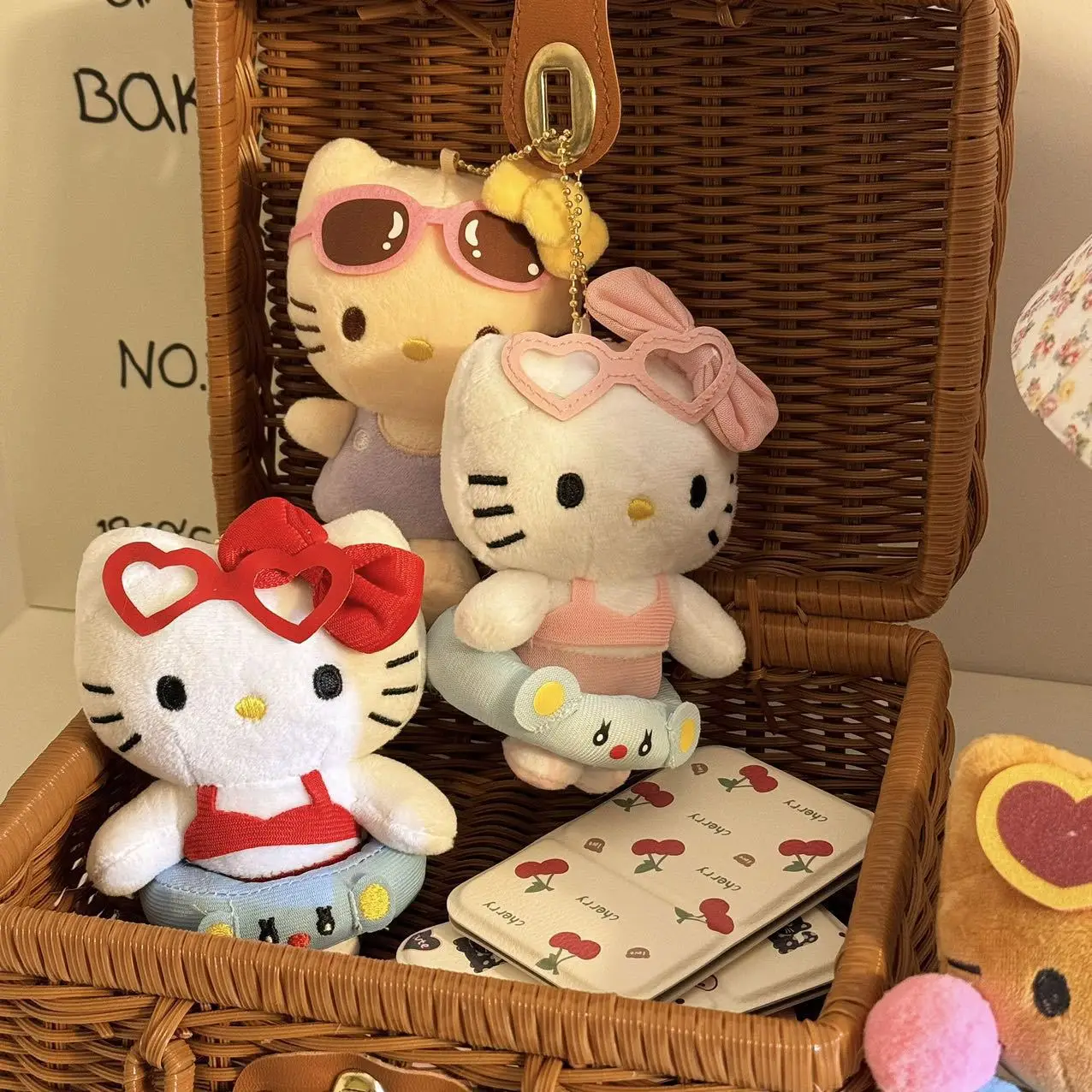 10CM Kawaii Black Leather Hello Kitty Keychain Pendant Anime Lifeguard Beach KT Girl's Bag Keychain Women's Christmas Gift Y2K 3