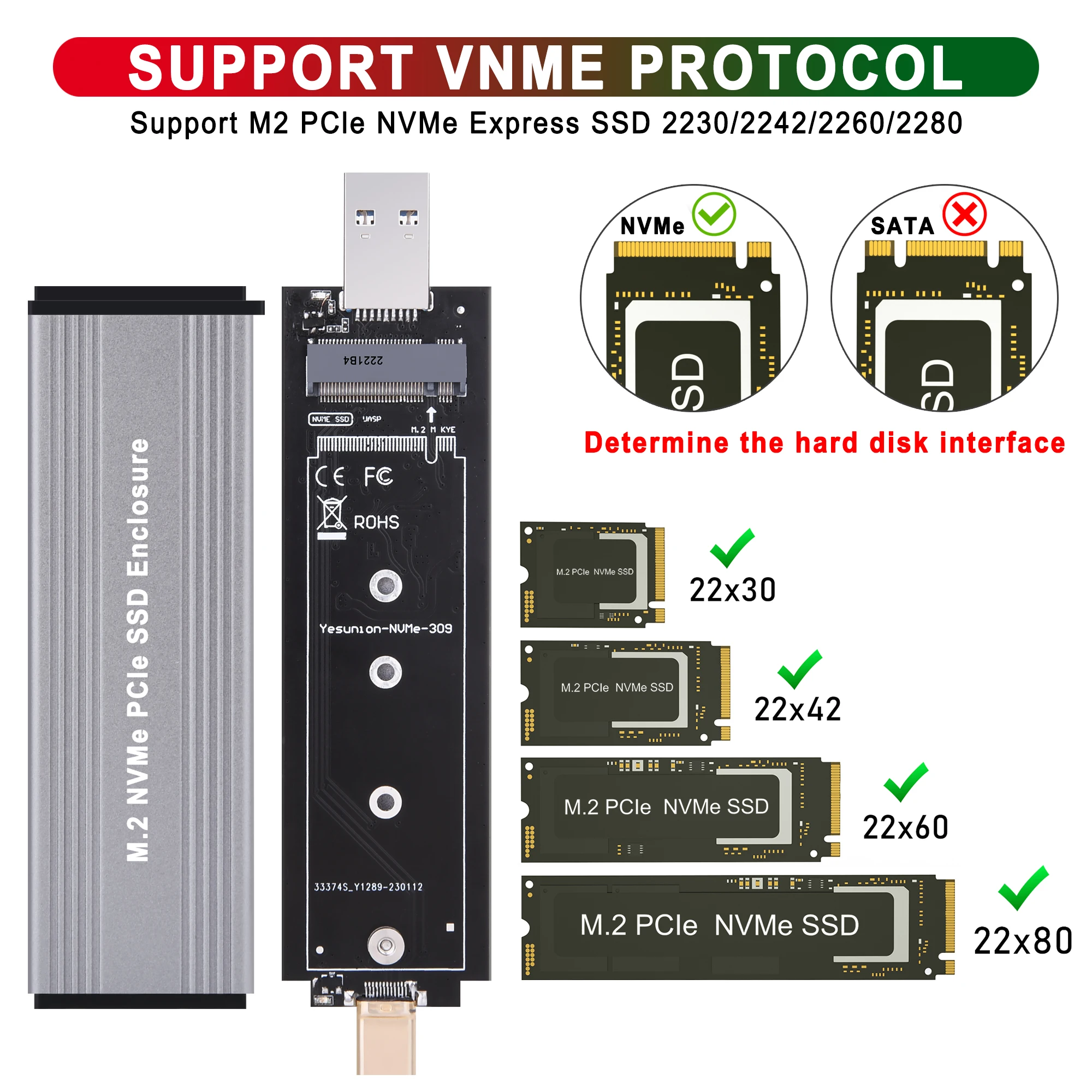 M2 SSD Case M.2 to USB 3.1 Gen 2 10Gbps Aluminum for M2 NVMe SSD 2230 2242 2280