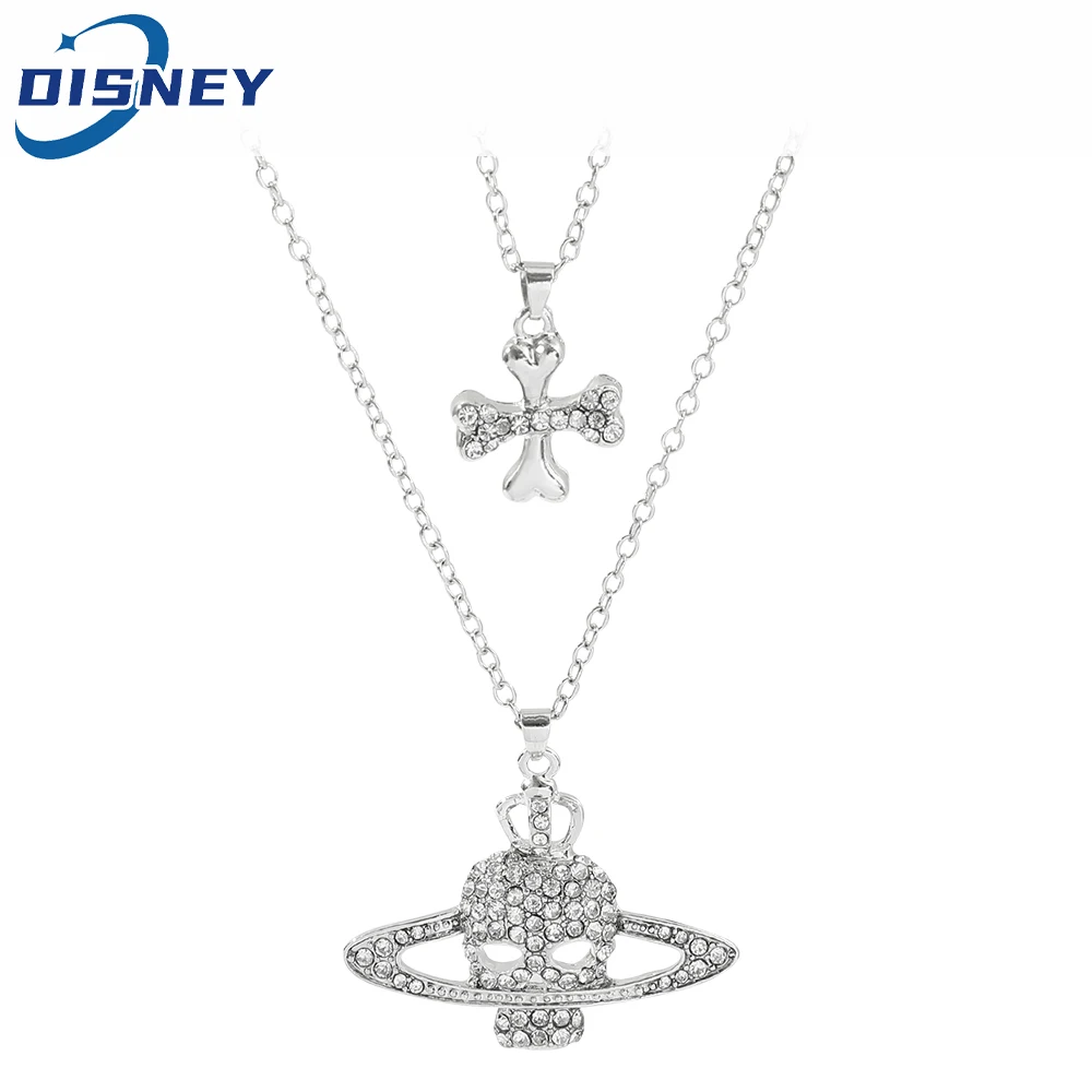 Luxury Rhinestones Cross Skull Saturn Necklace Fashion Silver Color