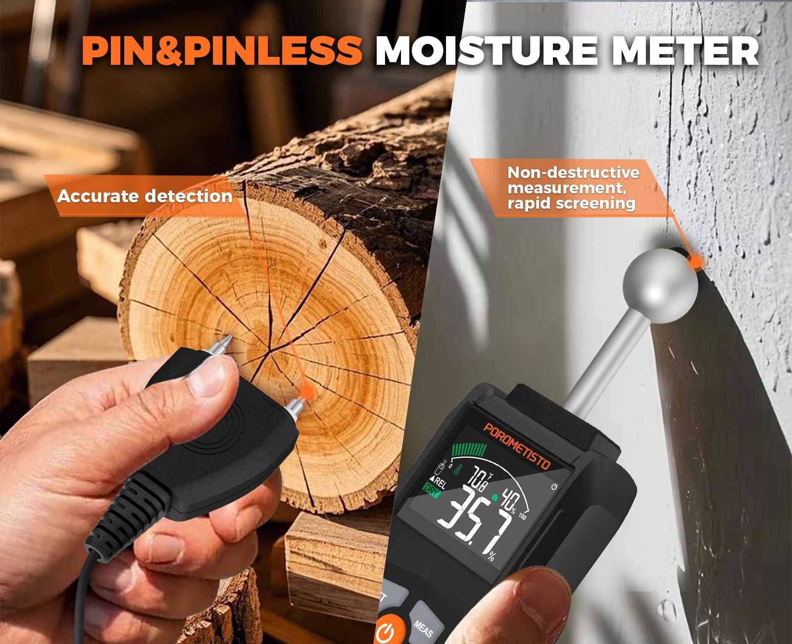 2IN1 Digitales Holzfeuchtemessgerät Pin & Pinless 0~99,9 % Holzfeuchtigkeitsdetektor mit LCD-Feuchtigkeitstester Hygrometer für die Holzbearbeitung – Detail 5