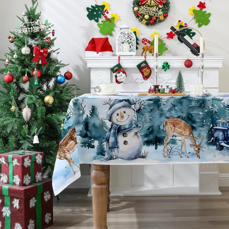 1pc Rectangular Dining Table Christmas Tablecloth Winter Snowman and Deer Christmas Tablecloth Kitchen Home Party Decoration