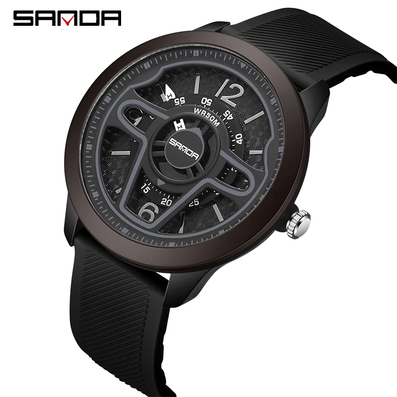 SANDA 9023 Casual Personality Classic Precision Men's Quartz Watches Racing Silicone Fashion Sports 3D Car Steering Wristwatches high quality electroplated bracket perforated leather 14 inch 350mm car steering wheel game steering wheel sports steering wheel