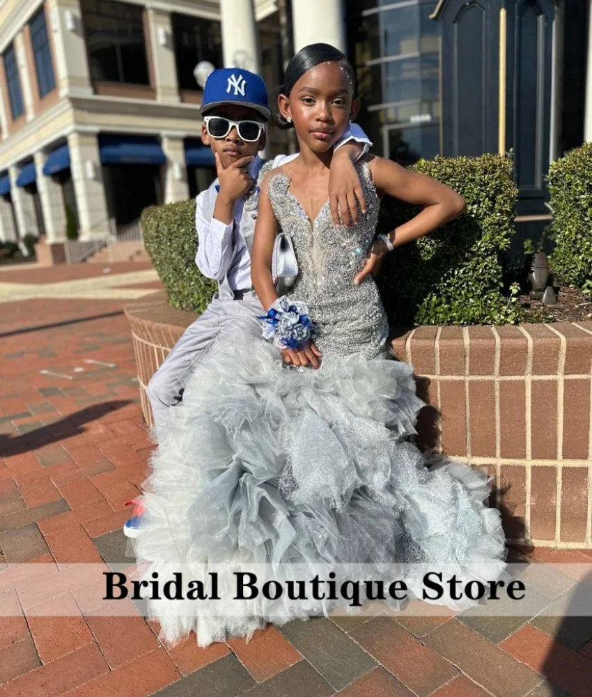 Glitter Silver Flower Girls Floral Appliqu&eacute; Satin Formal Dress For Weddings Mermaid Gown Luxury Bead Crystals Diamonds Ruffles Tiered Gown Customized