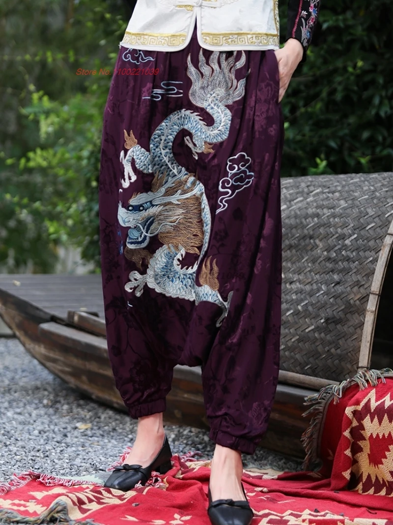 

2024 chinese vintage satin jacquard bloomers trousers women national dragon embroidery harajuku harem pants casual baggy pants