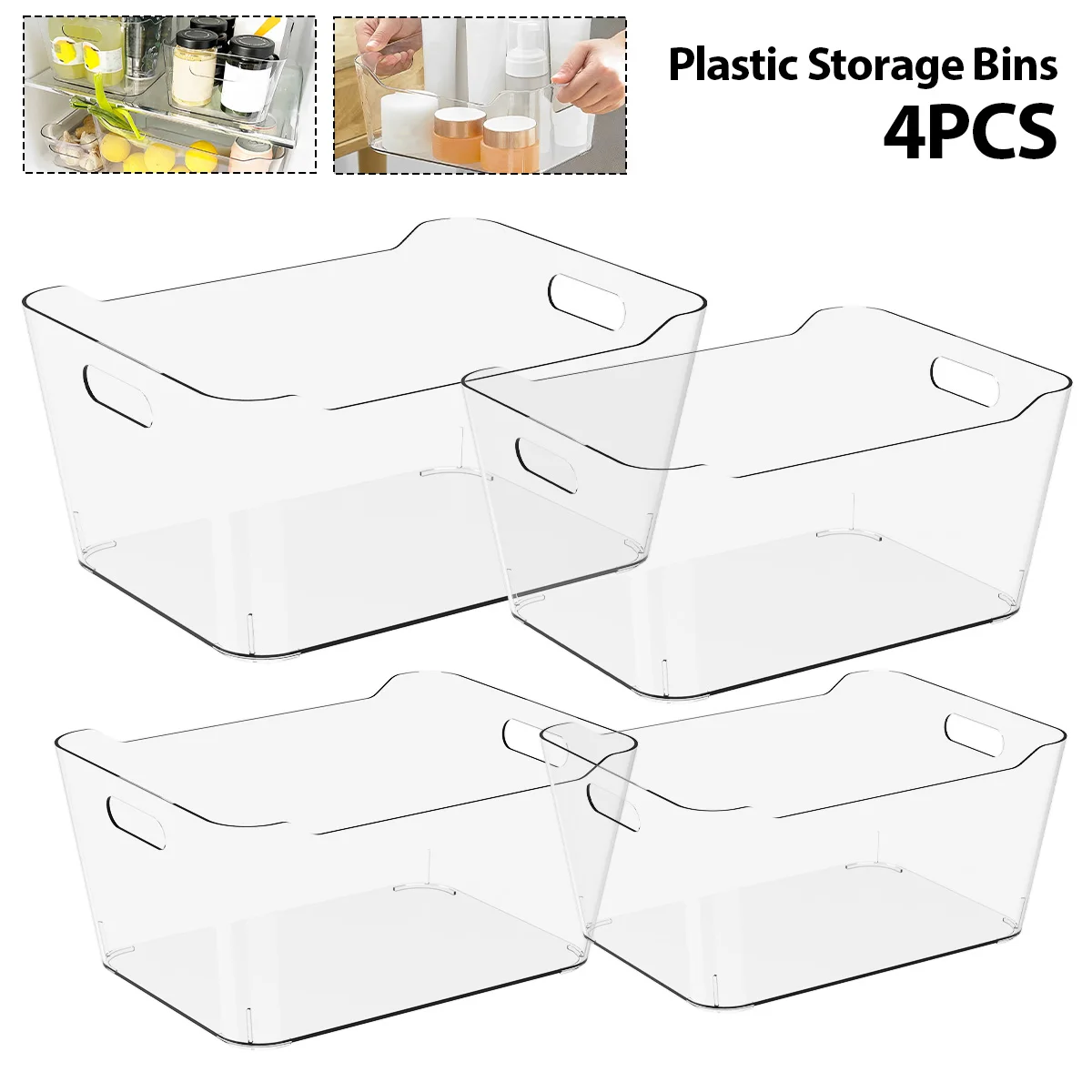 

4 Pcs Plastic Storage Bins Transparent Storage Box 4 Sizes Cabinet Organizer Box Set with Handle Fridge Organizer Plastic Bins