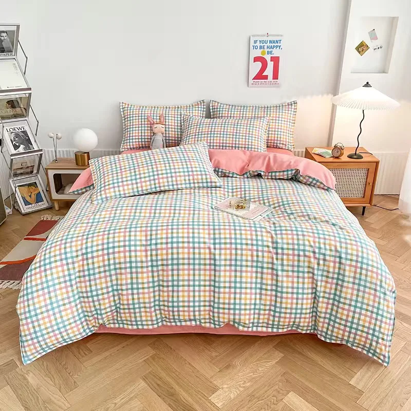 

Fashion Bedding Set Stripe Double Bed Linens Nordic Duvet Cover Pillowcase Queen Size Flat Sheet Classic Grid Kids Winter D