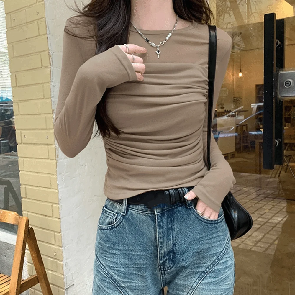 Long Sleeve Slim Long Sleeve T-shirt Transparent Mesh Wrinkle Shape Women Thin Tops Versatile Hot Girl Korean Style Crop Top