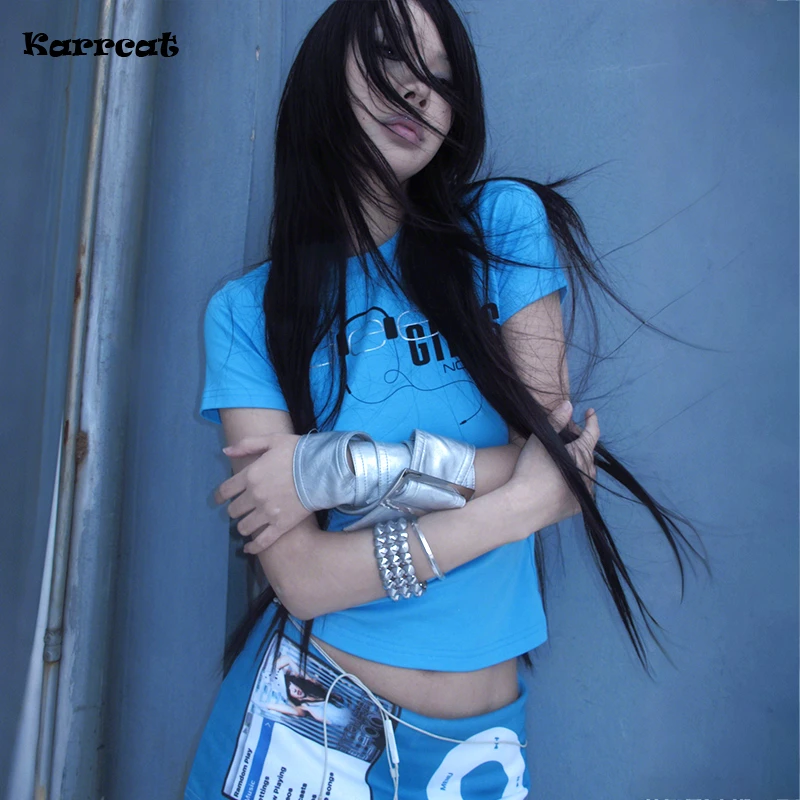Karrcat Trashy Y2k T-Shirt mit Buchstaben-Aufdruck, Grunge-Ästhetik, kurzärmelige Crop-Tops, Vintage-Stil der 2000er Jahre, Streetwear, amerikanischer Retro-Stil