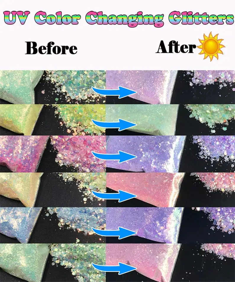 50G UV Sensitive เล็บ Glitter เปลี่ยนสีแสงสีม่วง Flakes Chunky Hex เล็บ