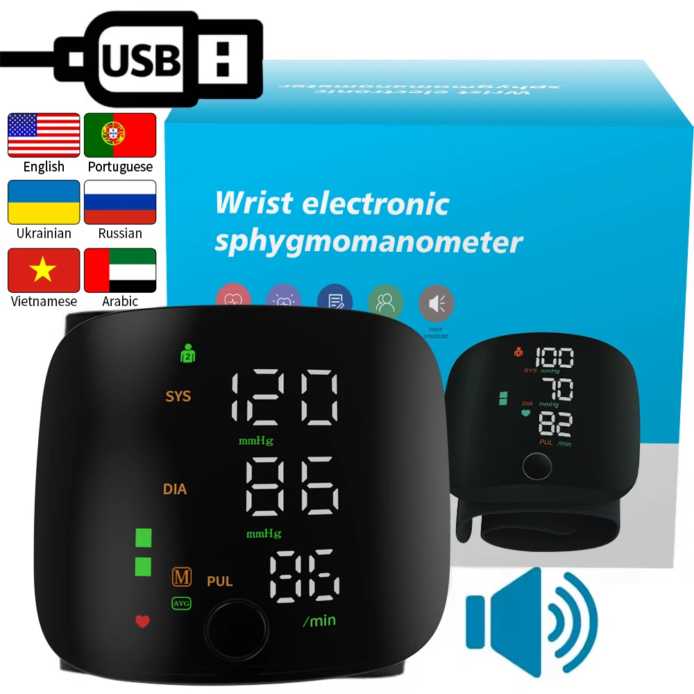 Wrist Blood Pressure Monitor Multilingual Broadcast Sphygmomanometer USB Rechargeable Blood Pressure Meter Medical Tonometer