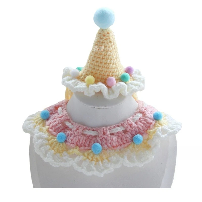 2-in-1 Pet Birthday Hat&Drool Bandana Set-Knitted Photo Prop for Cats/Small Dogs,Festive Party Decoration with Adjustable Strap