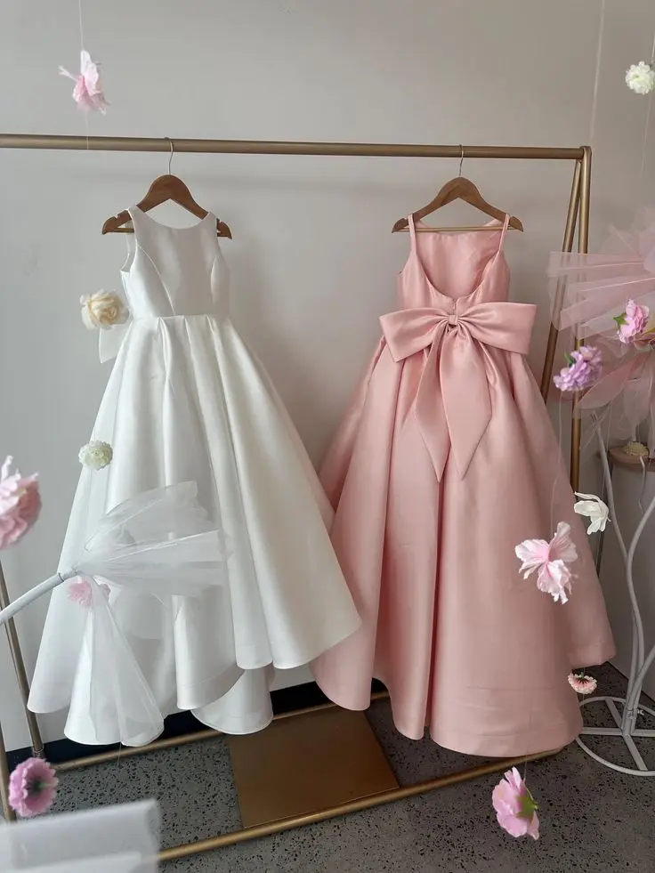 Blush Pink Ivory Flower Girl Dress Communion Ball Gown Bow Satin Sleeveless Party Dresses for Girls Holiday Dresses Children