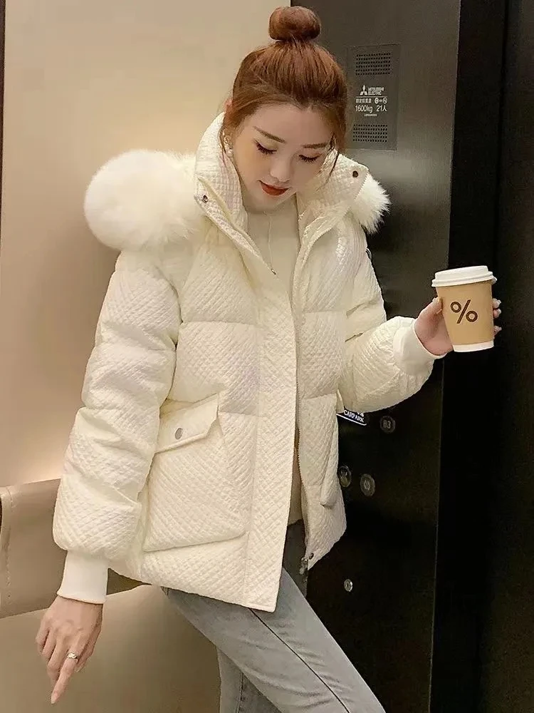 

Пуховик для женщин, новинка 2023, зимние куртки, короткое пальто с капюшоном на белом утином пуху, женская утепленная свободная парка с меховым воротником