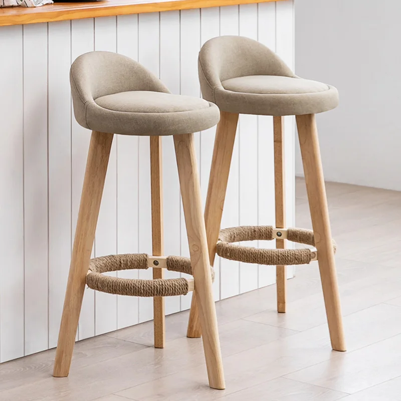 Bar Chair Modern Simple High Stool Solid Wood High Breathable Linen Barhocker Counter Barstool Hemp Rope Leather Furniture