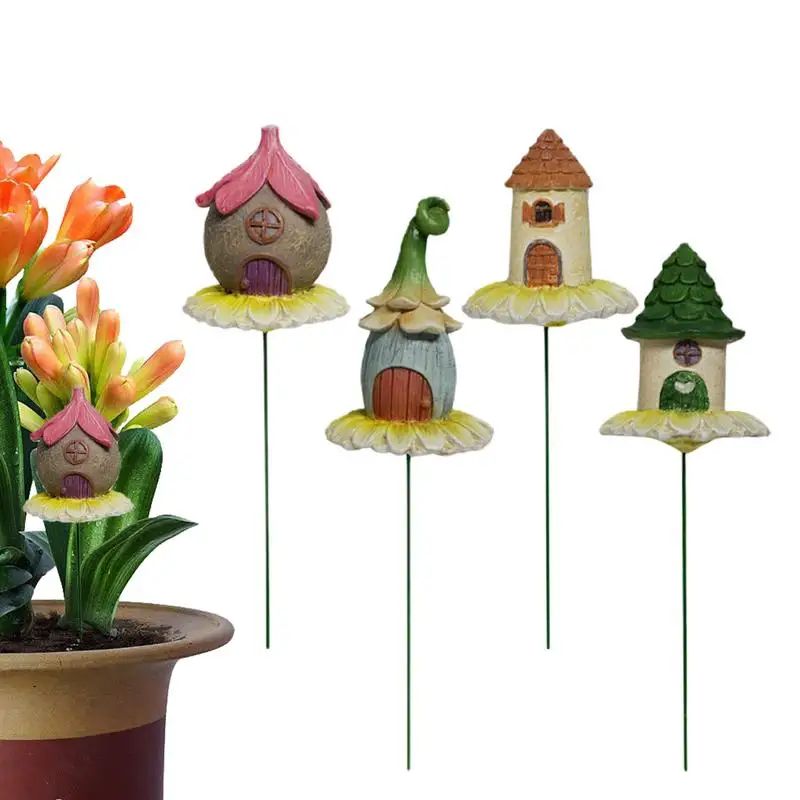 

Mini Fairy House Garden Stakes Cartoon House Yard Stakes Miniatures 4 Pcs House Statues Miniatures Tiny Fairy Garden Potted