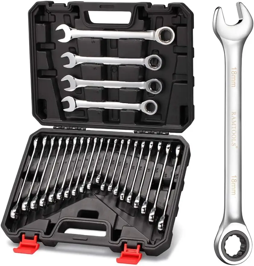 

24-Piece Ratchet Wrenches Chrome Vanadium Steel Ratcheting Wrench Set with Metric and SAE 72-Tooth Box End and Open