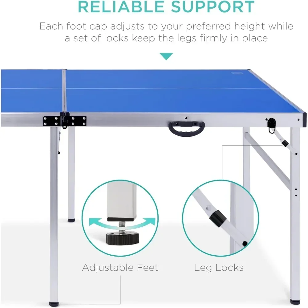 Portable Ping Pong Table 6x3ft Folding Indoor Outdoor Table Tennis with 2 Paddles 2 Balls Net Carrying Bag Adjustable Feet