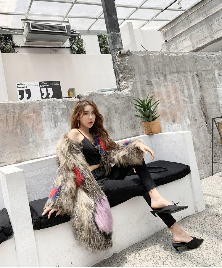 Imported Phnom Penh Fox Hair Woven Fur Coat Mid Length Full Sleeve Jackets Contrast Knitted Long Sleeve Casual Women's Clothing