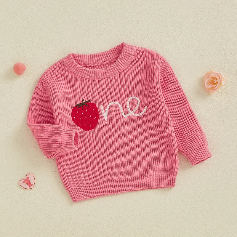 Citgeett Spring Infant Baby Girl Birthday Sweaters Long Sleeve Strawberry Embroidery Knit Pullover Tops Clothes