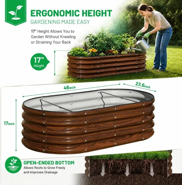 3 Pcs 4x2x1.5ft Raised Garden Bed Outdoor, 17" Tall Galvanized Metal Planter Box, Oval Kit for Vegetables Plants Fruits, Brown