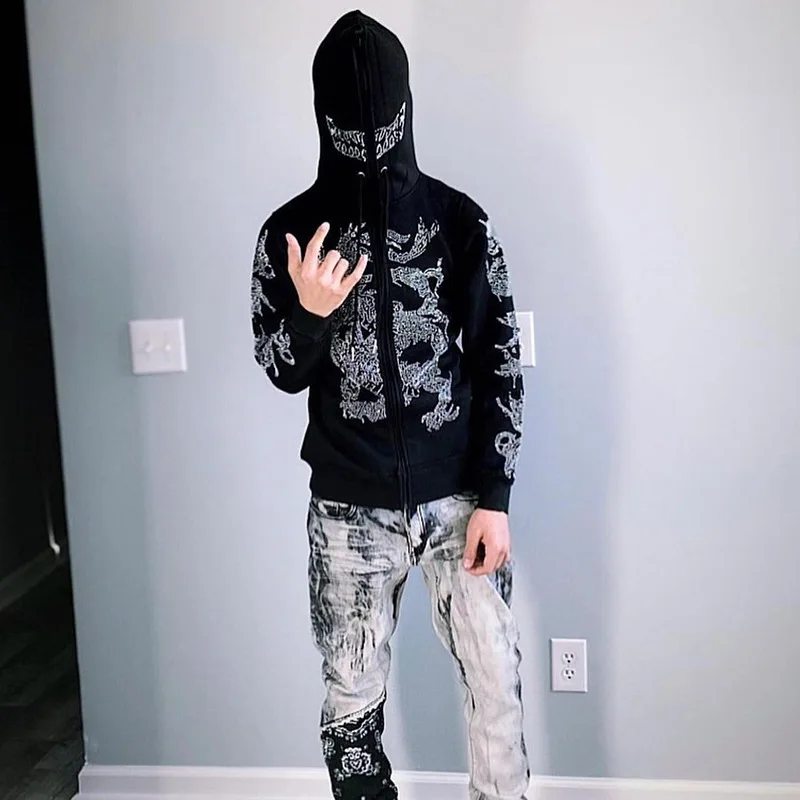 

2022 Men's Rhinestone Decoration Zipper Loose Sweatshirt Y2K New Fashion Gothic Casual Hoodie for Men Spring and Autumn