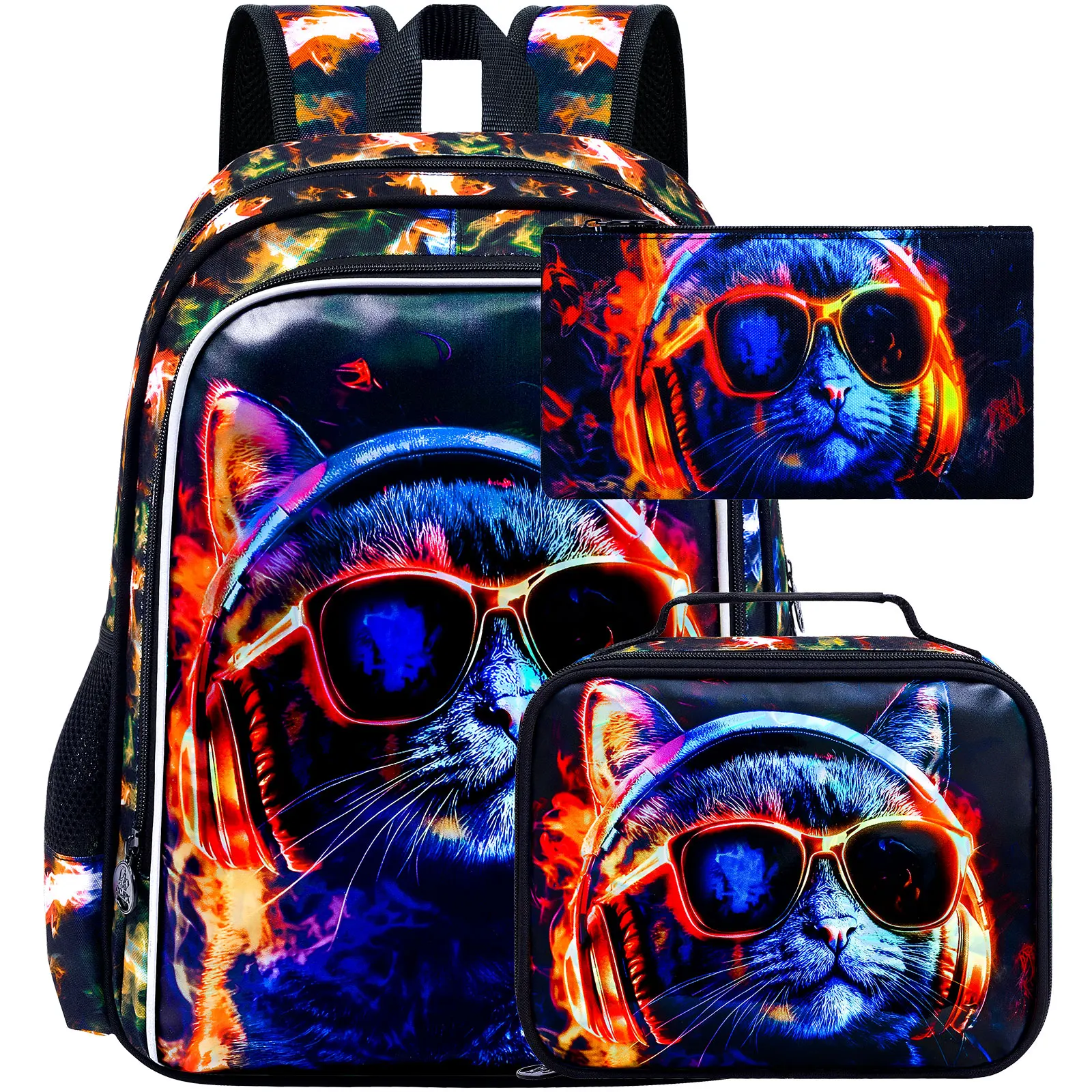 3Pcs Cat Backpack for School, 17" Kids Bookbag with Lunch Box, Boys Backpacks Set for Elementary Preschool Kindergarten(Black)