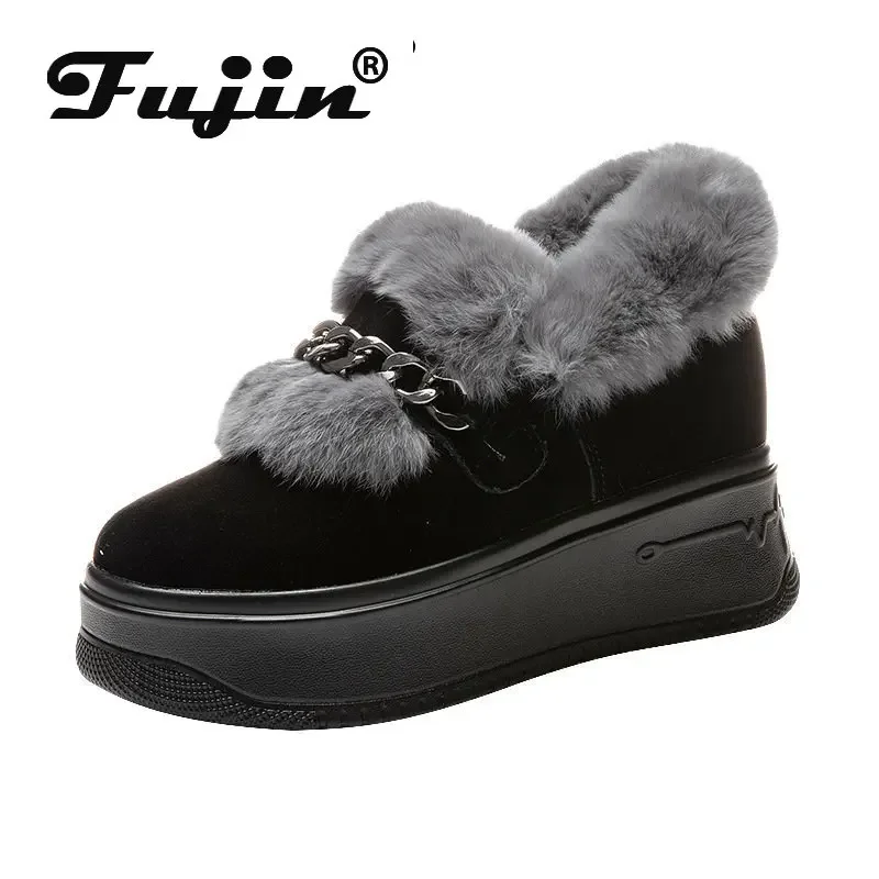 

Fujin 8cm Cow Suede Genuine Leather Metal Decoration Winter Women Soled Flats Lady Lolita Slip on Plush Warm Fur Females Shoes