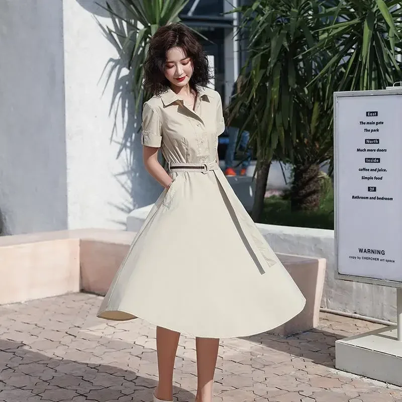 

New Summer Style Women Dress Short Sleeve Tatting Solid Color Self-cultivation Belt Casual Fashion Dresses