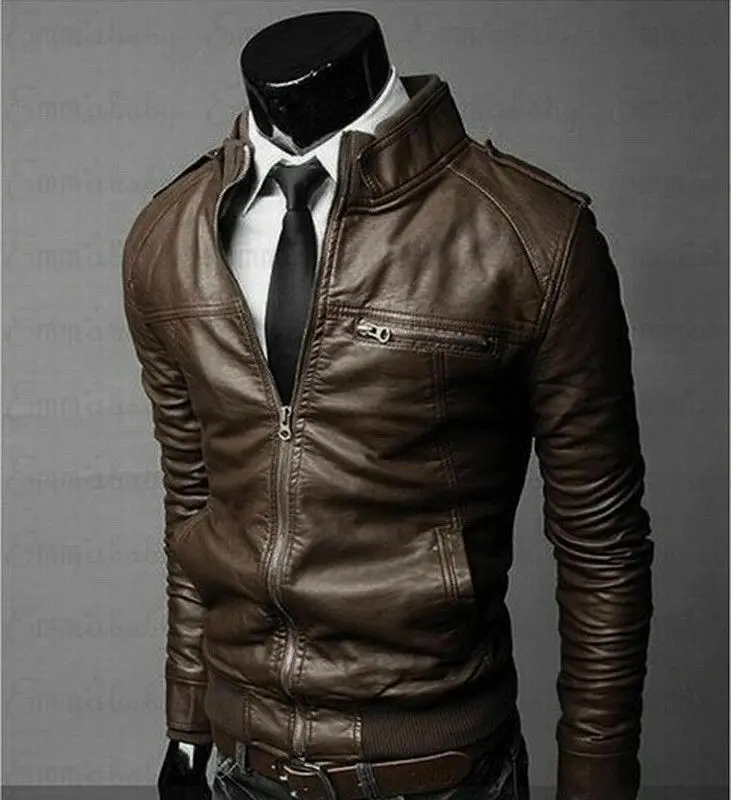 Mens Leather Bomber Jacket Autumn Winter Slim Fit