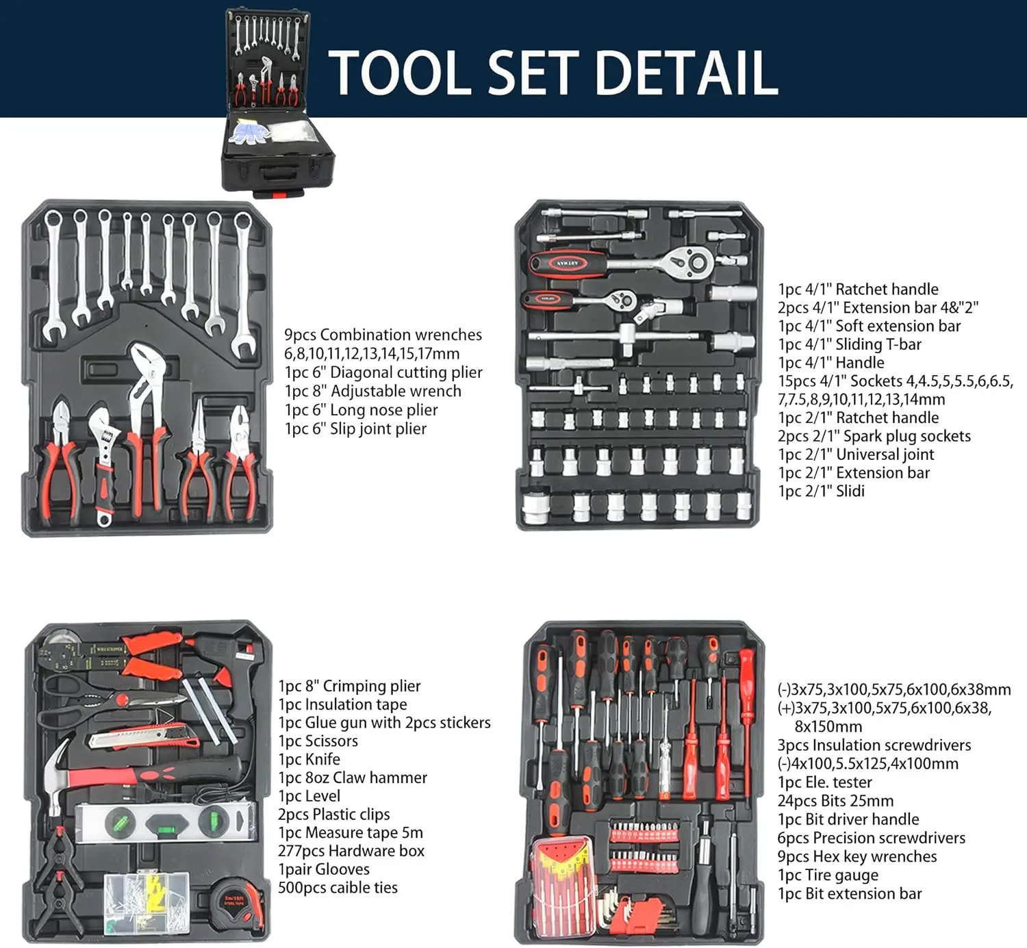 7 Drawers Rolling Tool Chest & Hand Box with Tools,Box with Wheels Pull Handle Key Locking,Complete Tool Kit with 4 Layers 5